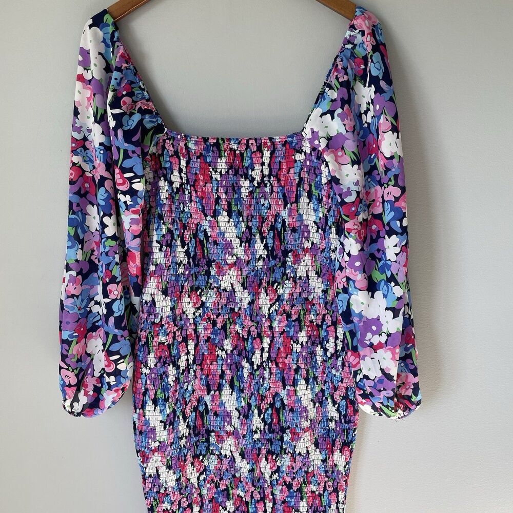 Pink Lily Boutique Floral Print Midi Dress Ruched Bubble Sleeves Size Medium - Picture 3 of 12
